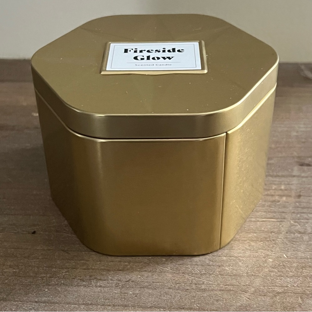 NEW Fireside Glow 3 Wick Metal Tin Candle 18oz Gold Threshold discontinued